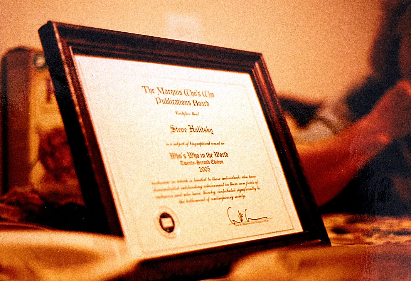 Steve Halitsky's Marquis Who's Who in the World Certificate (2005)